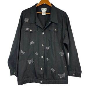 The Quacker Factory Womens Black Rhinestone Butterfly‎ Jean Jacket 2X Plus Size